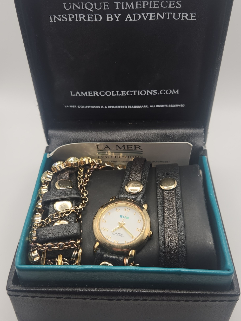 La Mer Collections Wrap Watch Bracelet Black Leather Gold Tone w/ Box